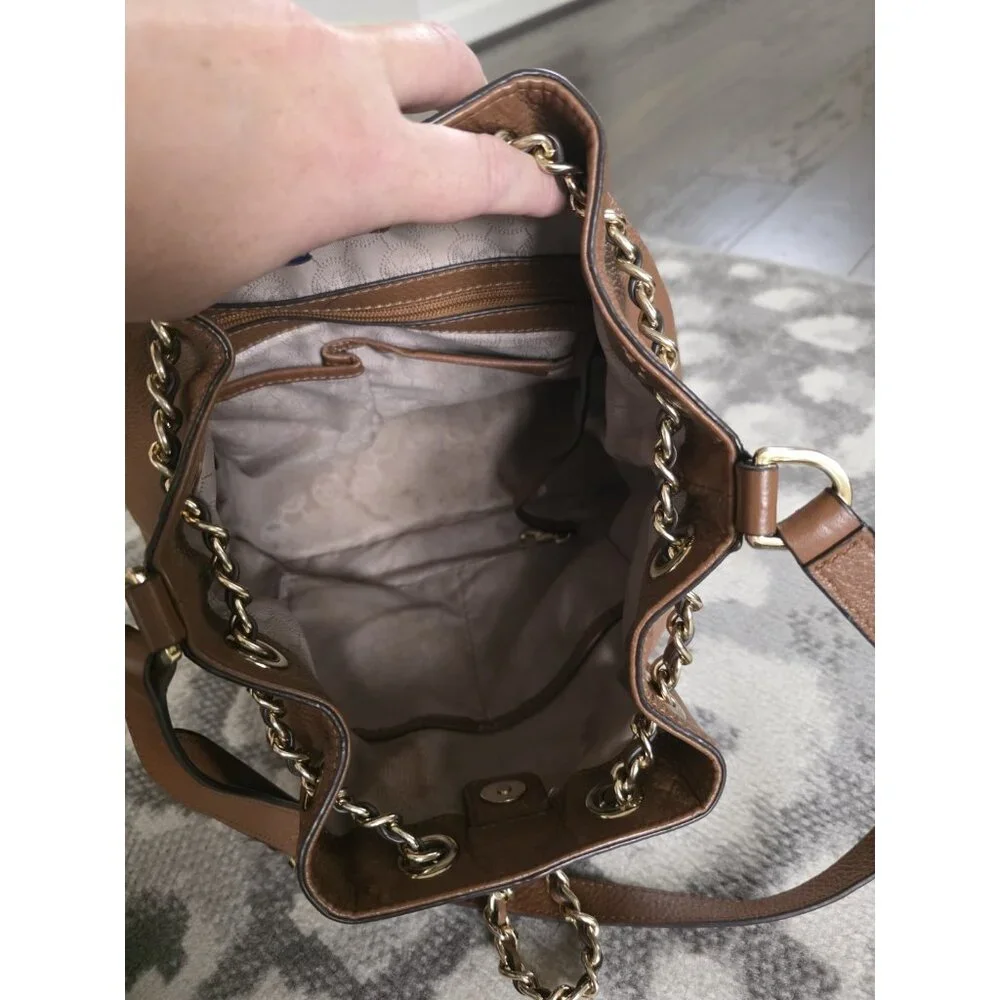 Michael Kors Frankie Brown Pebbled Leather Drawstring Convertible Shoulder Bag